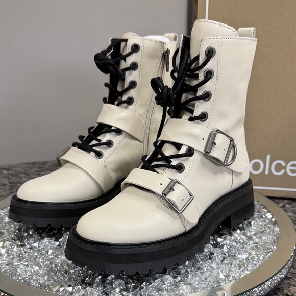 Dolce Vita Robson off White Leather Lace-Up black Lug Boots NEW 6 - Picture 4 of 14